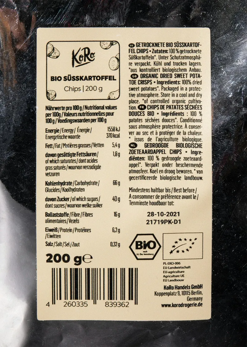 KoRo Bio Süßkartoffelchips ohne Zusatz von Öl und Salz 200 g – Produktbild 3 von 5