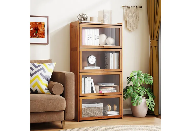 KOMFOTTEU Bücherregal, Vitrinenschrank aus Bambus, mit Türen, Braun, – Produktbild 5 von 5