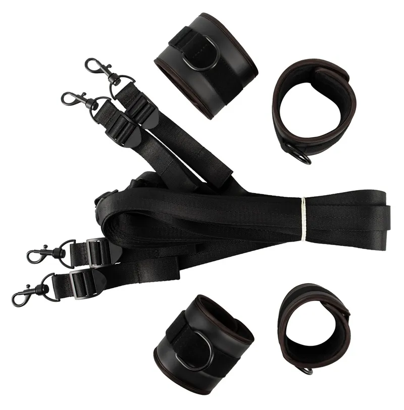 Vegan Fetish Bettfessel-Set mit Hand- und Fußfesseln in stilvoller Lederoptik, Schwarz, – Produktbild 1 von 5