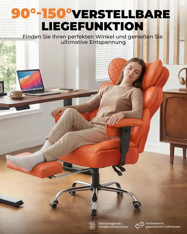 COMHOMA Gaming-Stuhl Ergonomischer Bürostuhl 180 kg, mit Lendenstütze & Fußstütze, 135° verstellbare Rückenlehne, hoher Chefsessel, Orange, – Produktbild 3 von 5