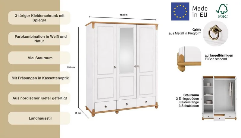 OTTO home Kleiderschrank Tessin, Dretürenschrank, 3-türig (B/H/T ca. 152/191/59 cm) Breite 152 cm, Kiefer massiv, mit Spiegel und 3 Schubladen, Weiß, – Produktbild 4 von 5