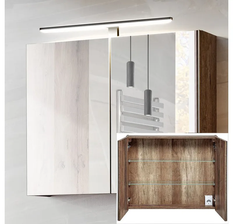Lomadox Spiegelschrank PUEBLA-56 80 cm mit LED-Beluchtung in Vintage Eiche 2-türig, Braun, – Produktbild 1 von 5