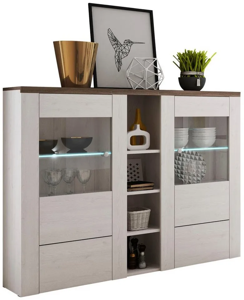 OTTO home Highboard Larona, zeitlose Hochkommode mit 2 Türen, Türkommode, Höhe 129,5 cm, Anrichte mit dekorative Rahmenoptik, Türen mit Glaseinsatz, Weiß, – Produktbild 2 von 5