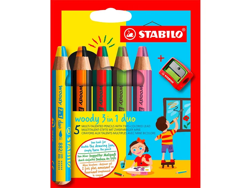 Stabilo STABILO Duo Buntstift woody 3 in 1 duo, zweifarbige Mine, 5er Pack inkl. Spitzer – Produktbild 1 von 1