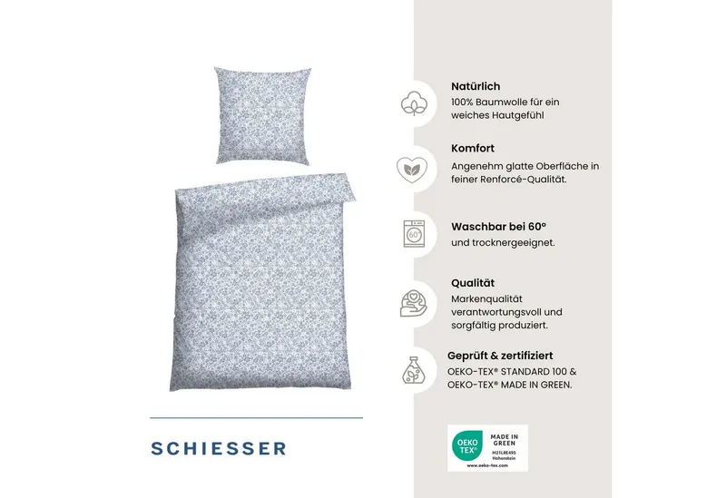 Schiesser Schiesser Bettwäsche Flower aus weicher Baumwolle mit verspieltem Blumenmuster, Renforcé, 2 teilig, OEKO-TEX® MADE IN GREEN, Blau, – Produktbild 1 von 5