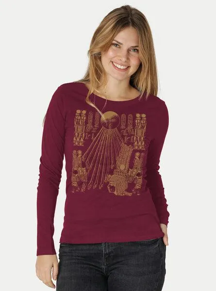 Peaces.bio - handbedruckte Biomode Peaces.bio - handbedruckte Biomode Langarmshirt Damen Sonnenscheibe Aton, Bordeaux, – Produktbild 2 von 2