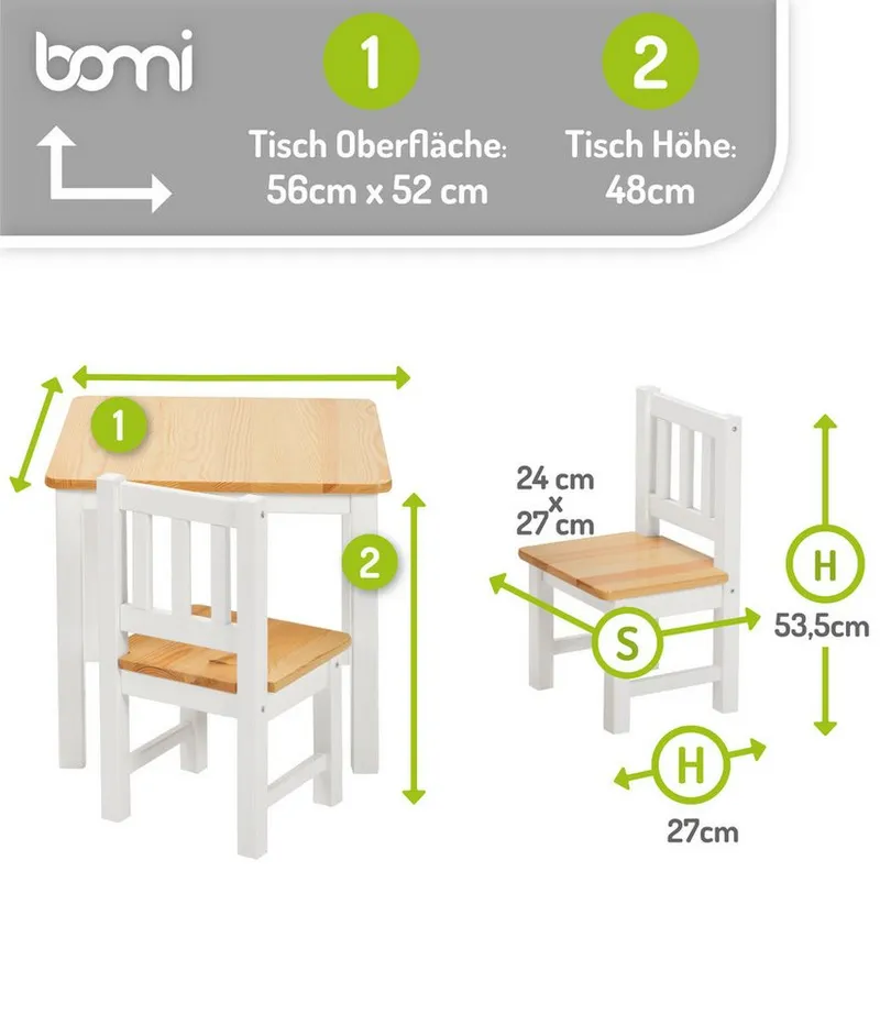 bomi bomi Kindersitzgruppe Holzsitzgruppe Amy, (Set, 5-tlg., oder 5 tlg. erhältlich), Kindertischgruppe, Tisch & Stühle Kinderzimmer, als Spiel- & Maltisch, Beige, – Produktbild 2 von 5