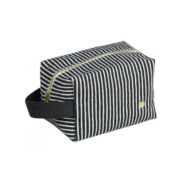 La Cerise sur le Gâteau La Cerise sur le Gâteau Cube Kulturtasche | Kosmetiktasche aus Bio-Baumwolle, Weiße streifen auf schwarz, – Produktbild 1 von 3