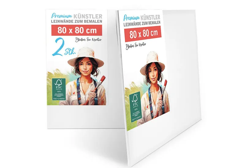 M MERCEO Leinwand Künstlerleinwand 80x80cm 2er Set - Weiße Leinwand zum Bemalen, 2er-Set Leinwand 80x80cm (zum Bemalen, Baumwolle, Keilrahmen, Weiß, – Produktbild 1 von 5