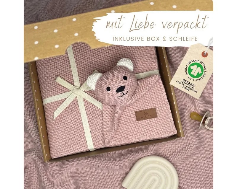 Babydecke DIKOS® Babydecke SCHMUSE-Bär Baby Geschenk Mädchen Junge Geschenkset, DIKOS, Geschenk zur Geburt, PREMIUM Qualität, 100 % BIO Baumwolle, Rosa, – Produktbild 2 von 5