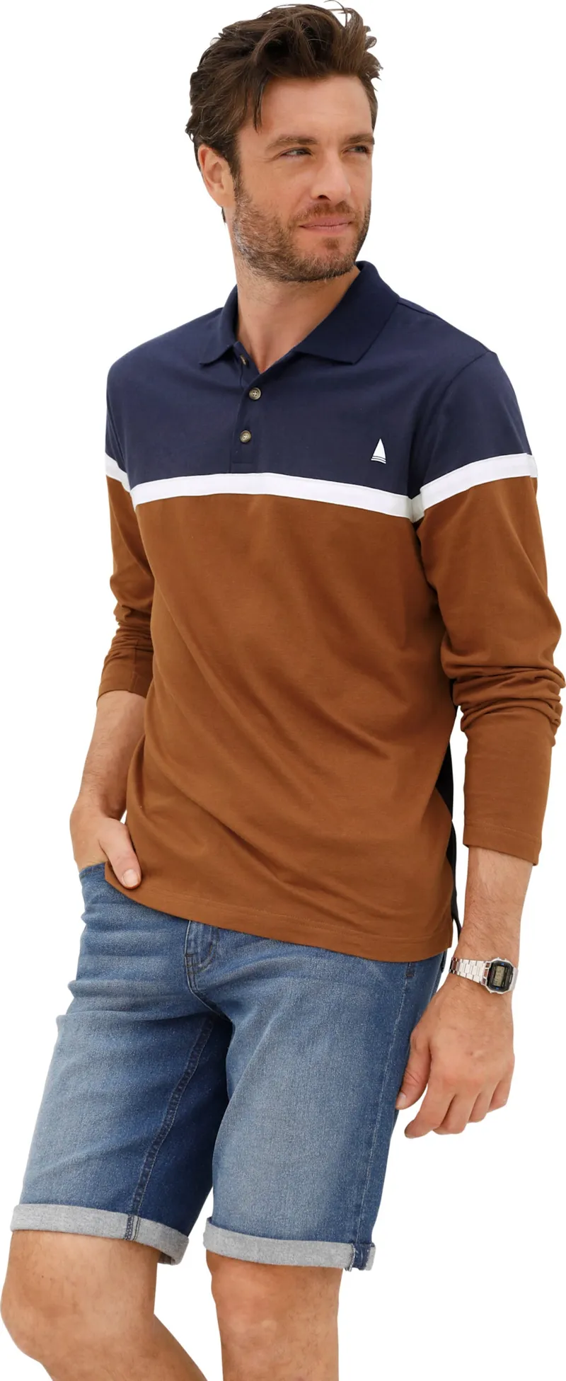 Catamaran Langarm-Poloshirt marine-cognac, Marine-cognac, – Produktbild 2 von 3