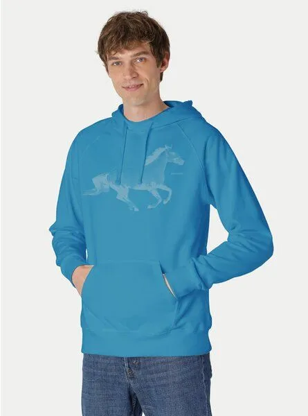Peaces.bio - handbedruckte Biomode Peaces.bio - handbedruckte Biomode Bio-Herren-Kapuzensweater Horsepower, Türkis, – Produktbild 1 von 2