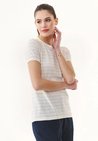 ORGANICATION ORGANICATION Feinstrick-T-Shirt aus Bio-Baumwolle mit Streifen, Off white/soft pink, – Produktbild 2 von 4