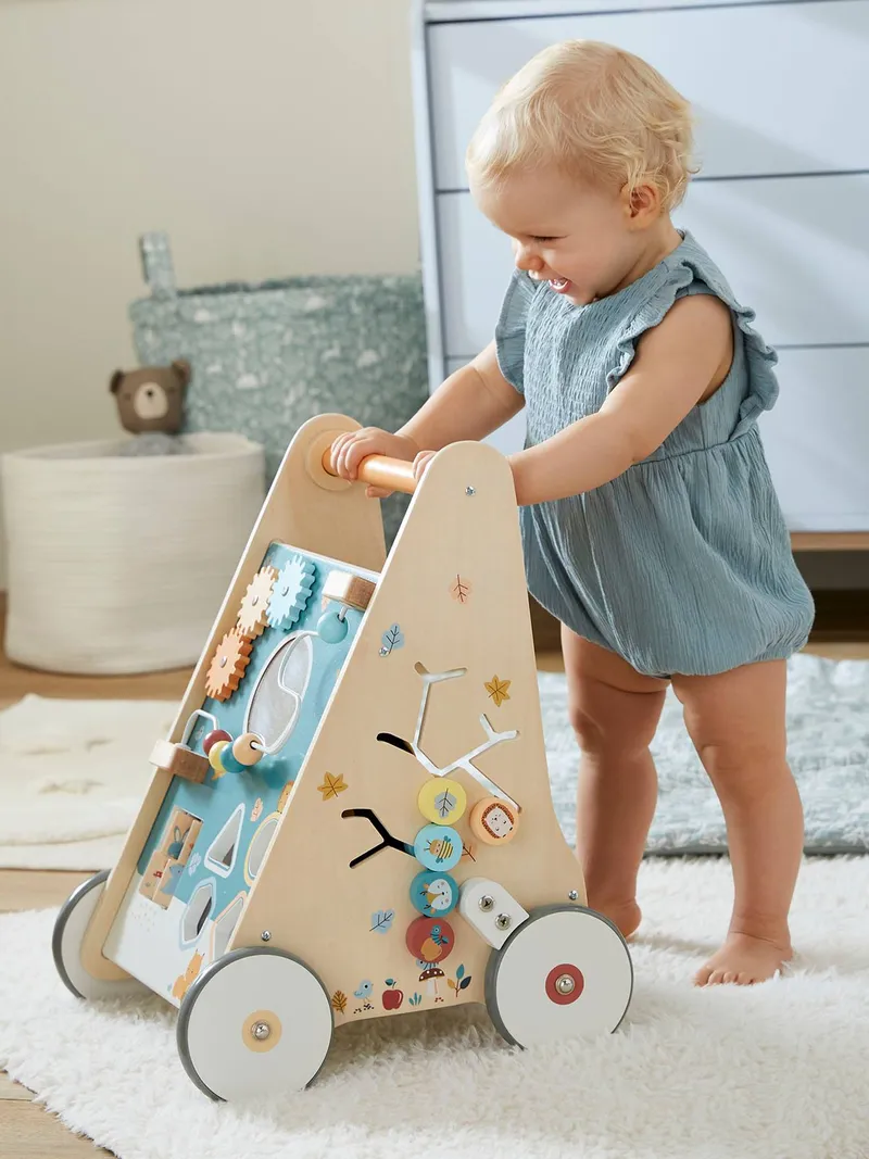 Vertbaudet Vertbaudet Activity-Lauflernwagen mit Bremsen Holz FSC®, Waldfreunde blau, – Produktbild 4 von 4