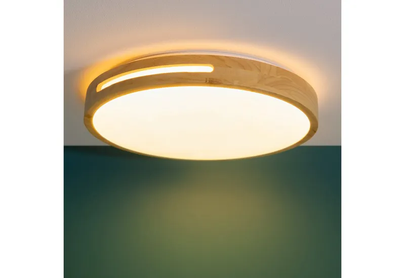 Brilliant Brilliant LED Deckenleuchte Woodbury, mehrere Helligkeitsstufen, LED fest integriert, Warmweiß, Mit Holzrahmen, Ø 39 cm, 2100 lm, 2700 K, Holz/Kunststoff, Weiß, – Produktbild 5 von 5