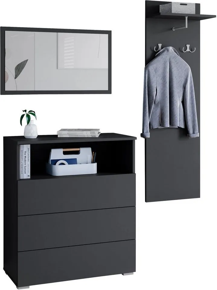 OTTO home Garderoben-Set PARIS/ TOKYO, (Komplett-Set, 3-St), Garderoben- Set Breite 140cm, hochkant oder quer montierbar Spiegel, Schwarz, – Produktbild 2 von 4