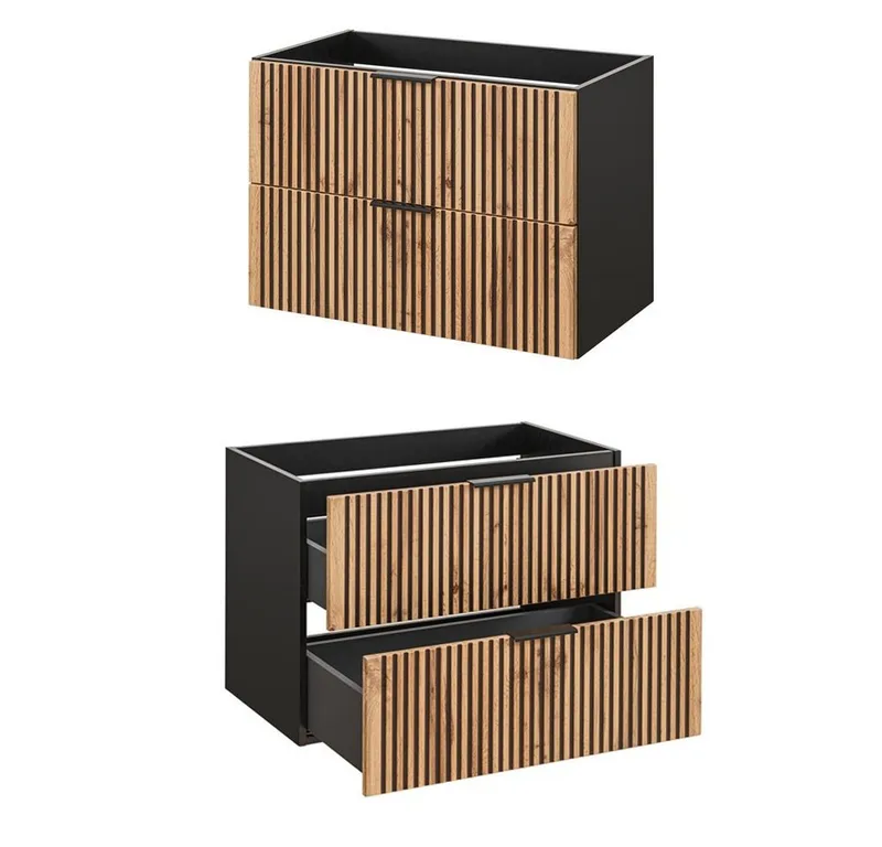 Lomadox Waschtisch XANTEN-56, 80 cm in anthrazit mit Eiche Nb. schwarz gerillt, Braun|grau, – Produktbild 3 von 4