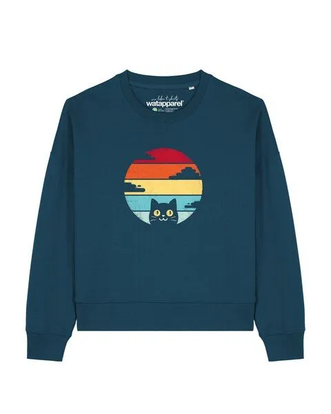 watapparel watapparel Sweatshirt Frauen Retro Sunset Cat, Deep teal, – Produktbild 1 von 2