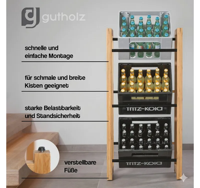 gutholz Standregal Getränkekistenregal aus Bambus & Edelstahl für 3 Kisten, Schwarz, – Produktbild 3 von 5