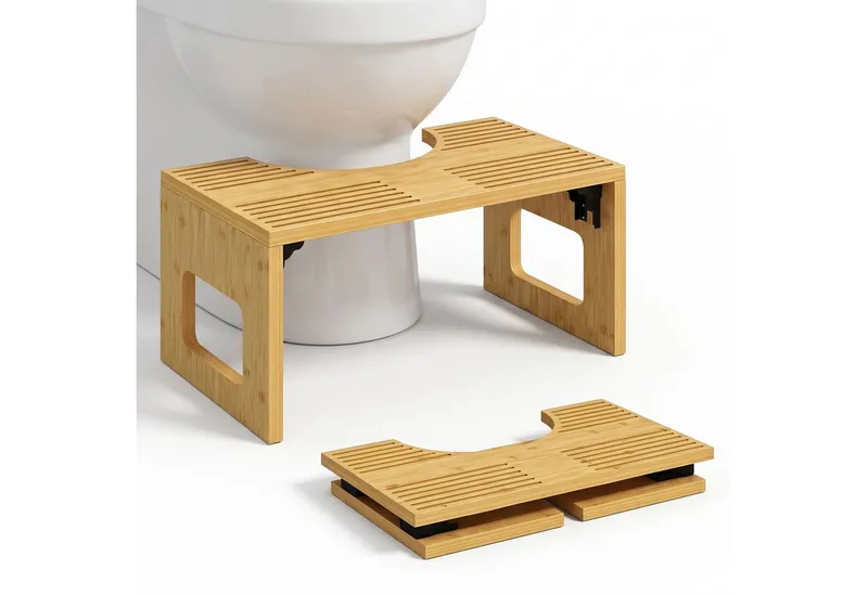 HOMCOM HOMCOM Badhocker Ergonomischer Toilettenhocker aus Bambus (Set, 1 St., 1er), klappbar, rutschfest, U-Aussparung, Beige, – Produktbild 2 von 5