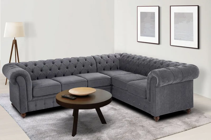 OTTO home Chesterfield-Sofa Chesterfield Ecksofa, auch in Leder L-Form, hochwertige Knopfheftung, langer Schenkel links oder rechts wählbar, Grau, – Produktbild 3 von 8