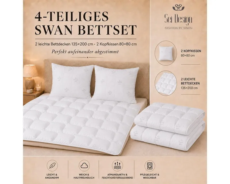 SEI Design Microfaserbettdecke Bettset SWAN 4-tlg Sommer 2x Bettdecken 135x200 + 2x Kissen 80x80, Füllung: daunenähnliches Gefühl, Bett-Set 4-Tlg.: 2x Bettdecken 135x200 + 2x Kopfkissen 80x80, Weiß, – Produktbild 2 von 5