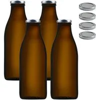 mikken mikken 4er Set Milchflasche 1000 ml braune Glasflasche mit Ersatzdeckel Blueseal Deckel – Produktbild 1 von 1