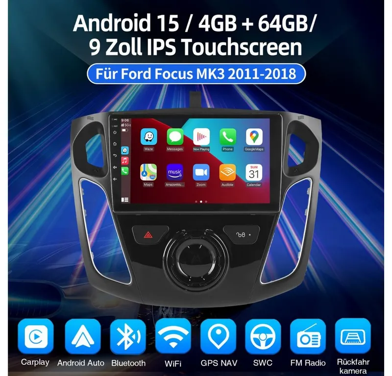ESSGOO DAB+ 64G Carplay Für Ford Focus MK3 Autoradio 2DIN Android 15 GPS NAVI Autoradio (RDS, 4+64GB(optional), Digitalradio (DAB), FM, AM, Carplay Android Auto Bluetooth EQ USB GPS Navi WIFI Touchscreen), Schwarz, – Produktbild 2 von 5