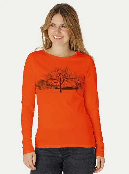 Peaces.bio - handbedruckte Biomode Peaces.bio - handbedruckte Biomode Damen Langarmshirt Landscape, Orange, – Produktbild 1 von 2