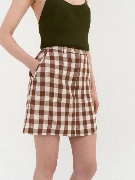 AmourLinen AmourLinen Mini-Leinenrock IVY, Mocha gingham (braun), – Produktbild 2 von 3