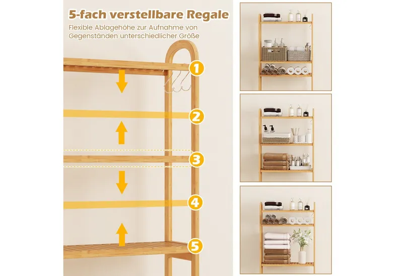 COSTWAY COSTWAY Badregal, 3-stufiger Toilettenregal aus Bambus, mit 3 Haken – Produktbild 2 von 5