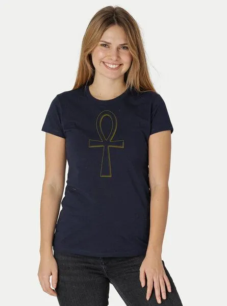 Peaces.bio - handbedruckte Biomode Peaces.bio - handbedruckte Biomode Damen Fit T-Shirt Ankh, Navy, – Produktbild 2 von 2
