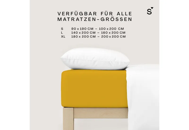 Schlafgut Schlafgut Spannbettlaken Basic Cotton Bettlaken, 160 g/m², 100% Baumwolle, Spannbetttuch, Jersey, Gummizug: rundum, (1 Stück), Spannbettlaken bis 20 cm Matratzenhöhe, bügelfrei und pflegeleicht, Gelb, – Produktbild 4 von 5