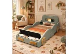 i@home Kinderbett 90 x 200cm Kinderbett Autobett Polsterbett mit Leselicht,Ladeanschluss, Bettkasten am Fußende, Autobett Bett mit Räderdesign, Flanell – Produktbild 1 von 1