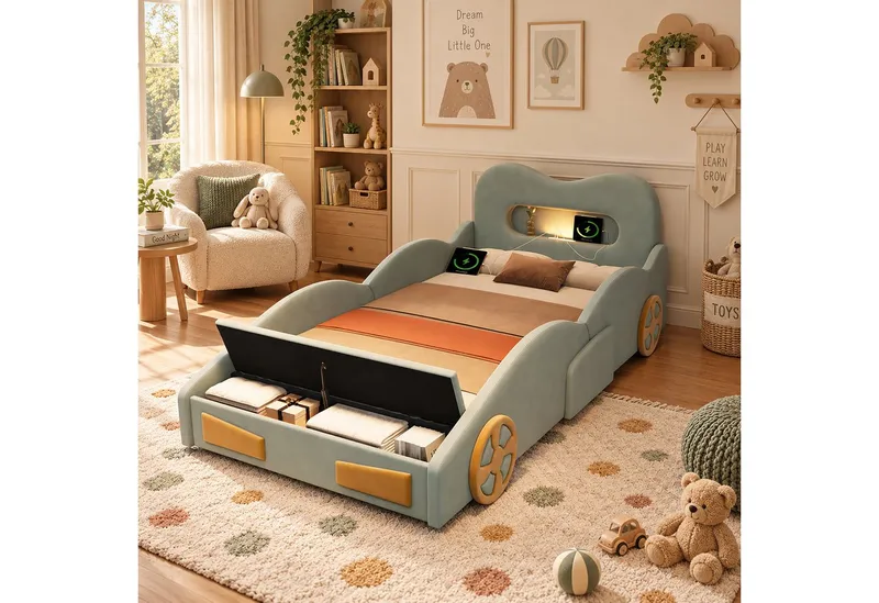 i@home Kinderbett 90 x 200cm Kinderbett Autobett Polsterbett mit Leselicht,Ladeanschluss, Bettkasten am Fußende, Autobett Bett mit Räderdesign, Flanell, Grün, – Produktbild 1 von 5