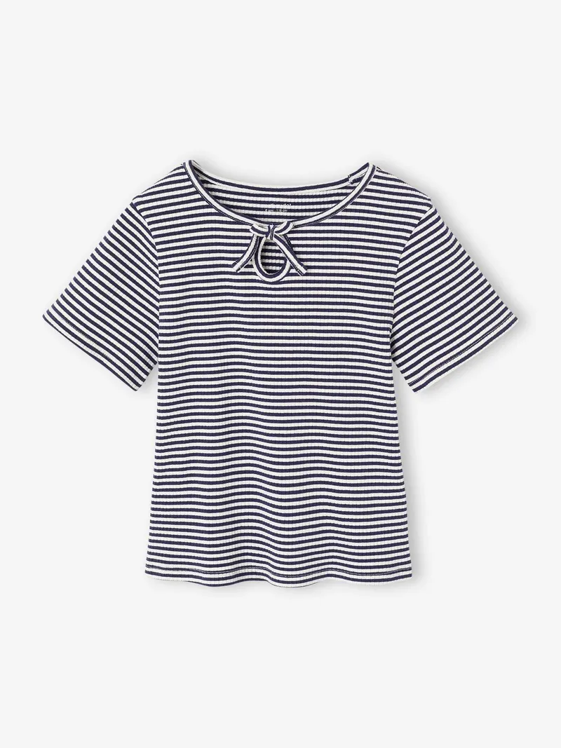 Vertbaudet T-Shirt Mädchen mit Zierschleife am Hals, Blau gestreift, – Produktbild 2 von 3