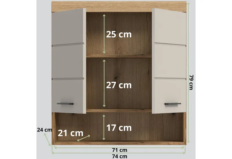 furnling Hängeschrank Scott 2 Türen, 1 offenes Fach, Stauraum, Badmöbel, Badschrank, 74 cm breit, Grau, – Produktbild 3 von 5