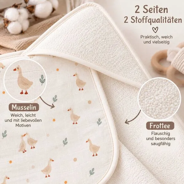 Bebekevi Bebekevi Baby Kapuzenbadetuch 75 × 75 cm aus Musselin & Frottee | Weiche Musselin-Innenseite | inkl. Waschhandschuh | Gemustert, Naturweiß ente, – Produktbild 4 von 4