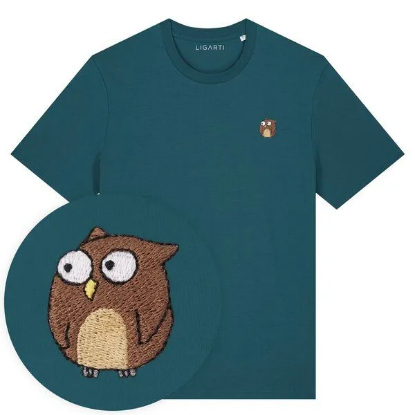 LIGARTI Besticktes T-Shirt – Eugen die Eule – LIGARTI Tiermanufaktur, Petrol, – Produktbild 1 von 4