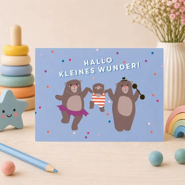 Bow & Hummingbird Bow & Hummingbird „Hallo kleines Wunder“ – Baby Karte Junge mit Bären, blaue Glückwunschkarte zur Geburt – Produktbild 1 von 3