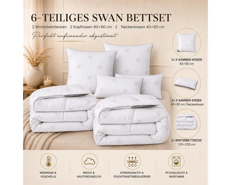 SEI Design Microfaserbettdecke SWAN Winter SET 6-tlg 2x Decken135x200 + 2x 3D Kissen 80x80 + 2x 40x80, Füllung: Mikrofaser daunenähnliches Gefühl, Bezug: 100% Polyester, 40x80, Weiß, – Produktbild 2 von 5
