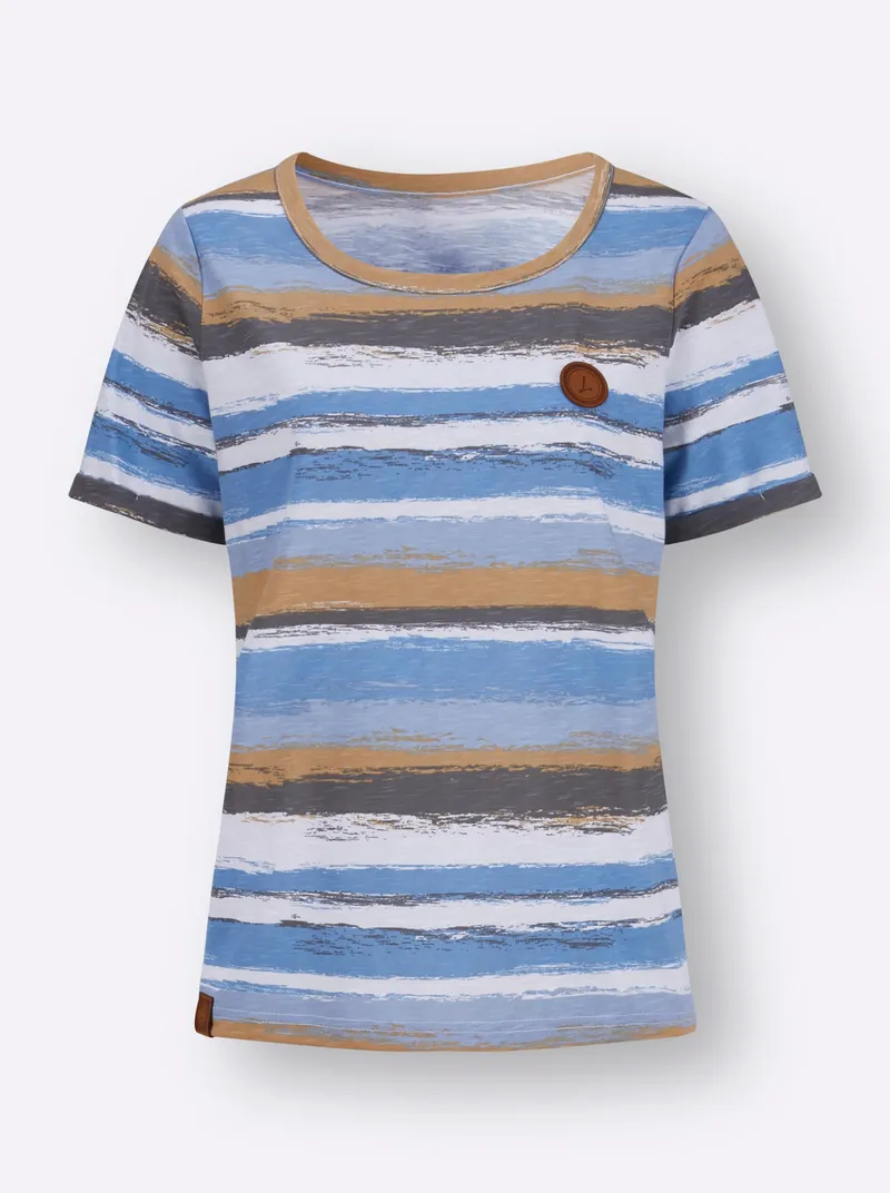 Witt Streifenshirt mittelblau-camel-bedruckt, Mittelblau-camel-bedruckt, – Produktbild 1 von 2