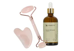 Habys Massageliege Gesichts-Massage-Set Rosenquarz Gua Sha + Roller + Mandelöl 100 ml – Produktbild 1 von 1