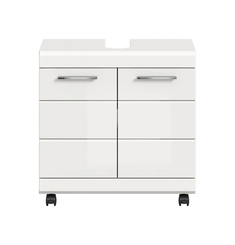 furnling Waschbeckenunterschrank auf Rollen - Scott mit Siphon-Ausschnitt und pflegeleichter Hochglanz-Front, Breite 60 cm, Weiß, – Produktbild 3 von 4