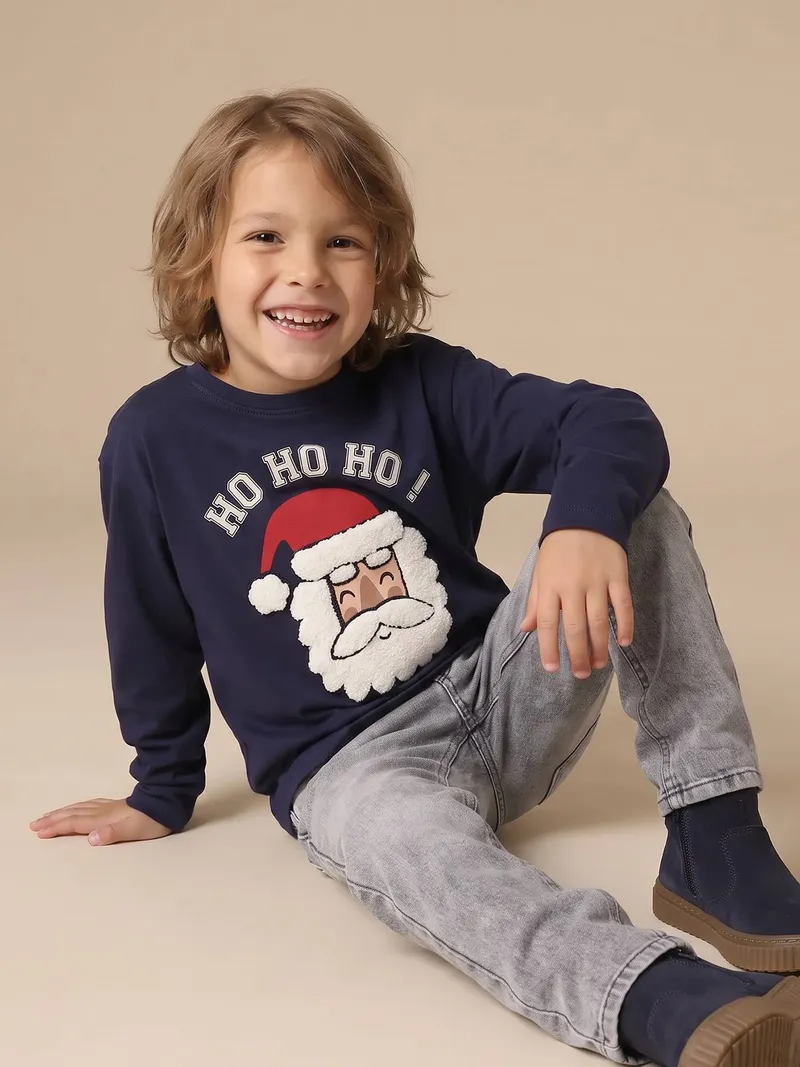 Vertbaudet Shirt mit Weihnachtsmotiv Jungen HO-HO-HO, Marine, – Produktbild 3 von 4