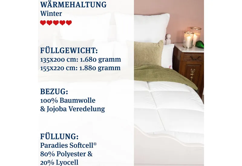 Paradies Paradies Kunstfaserbettdecke Avera, Bettdecke mit Lyocell, Füllung: 80% Polyester, 20% Lyocell, Bezug: 100% Baumwolle, atmungsaktive, wärmende Lyocell Winterdecke, Weiß, – Produktbild 4 von 5