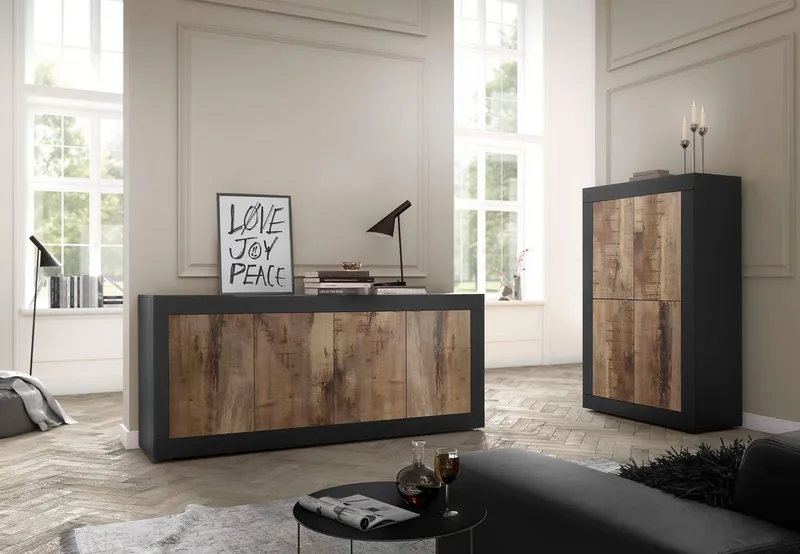 Home affaire Sideboard Basic Breite 207 cm, Kommode 4 Türen, Anrichte, Metallgriff, moderne Rahmenoptik, viel Stauraum, Farbauswahl, Schwarz, – Produktbild 3 von 5