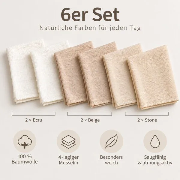 bistyle bistyle Musselin-Mundtücher - extra dicker 4-lagiger - 20x20cm - 6er Pack - zertifiziert – Bio Baumwolle, Ecru beige stein, – Produktbild 1 von 3