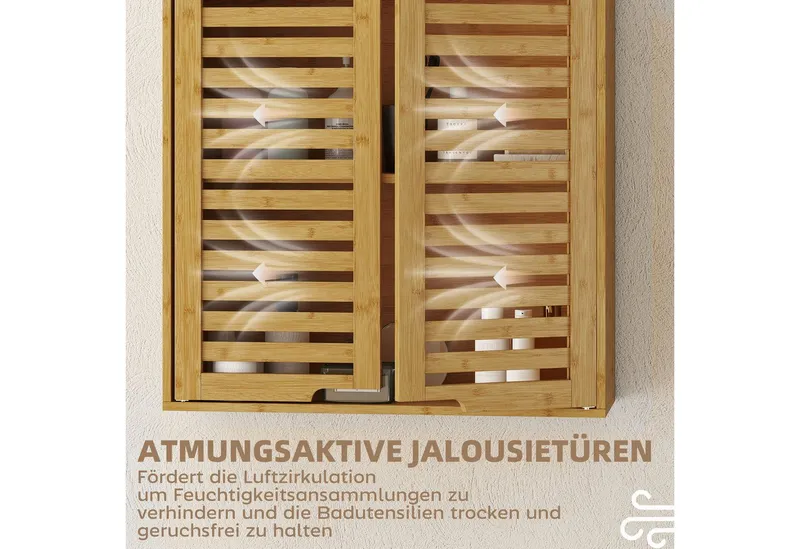 HOMCOM HOMCOM Hängeschrank Wandschrank aus Bambus, atmungsaktive Lamellentüren, Badschrank (Wandschrank aus Bambus, 1-St., Badezimmerschrank) über der Toilette, 60 x 20 x 60 cm, Beige, – Produktbild 4 von 5
