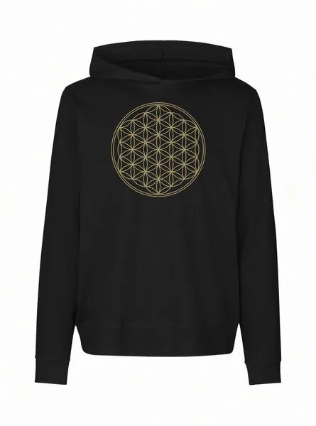 Peaces.bio - handbedruckte Biomode Peaces.bio - handbedruckte Biomode Damen Jersey-Hoodie Die Blume des Lebens, Schwarz, – Produktbild 1 von 1
